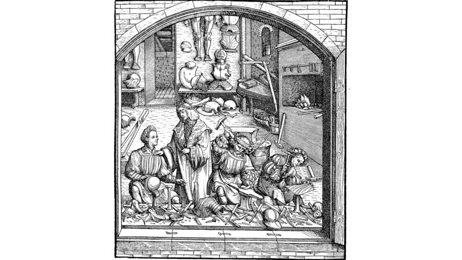 A gunsmith's workshop around 1500, reproduction of a woodcut by Hans Burgkmair. © Sunny Celeste / Alamy Stock Foto